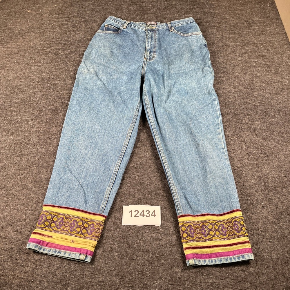 Vintage 90s Tapestry Trim Jeans Womens 31 Blue Good Boho Embroidered Made in HK